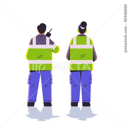 aviation marshallers in uniform using walkie talkie air traffic controllers airline worker in signal vests professional airport staff aviation marshallers in uniform using walkie talkie air traffic controllers airline worker in signal vests professional airport staff 90566660