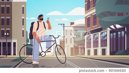 young man with bike using smartphone sportsman riding bicycle workout healthy lifestyle digital addiction concept young man with bike using smartphone sportsman riding bicycle workout healthy lifestyle digital addiction concept 90566680
