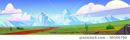 Green meadows and road in mountain valley 90566790