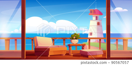 Wooden house terrace on sea coast with lighthouse 90567057