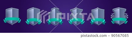 Game badges of metal shields with ribbons Game badges of metal shields with ribbons 90567085