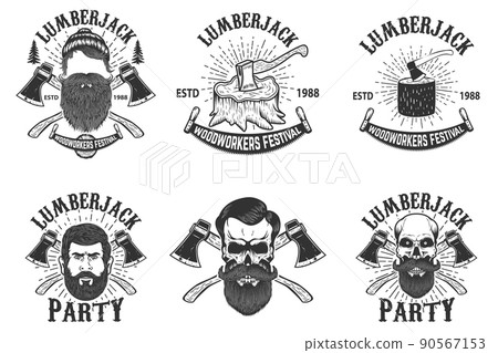 Set of lumberjack festival emblems. Lumberjack skull with crossed axes. Design element for poster, card, banner, logo, emblem, sign, badge. Vector illustration 90567153