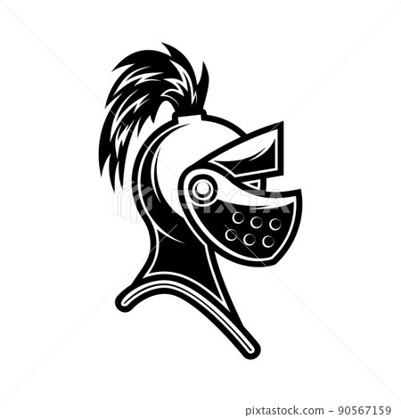 Illustration of knight helmet in engraving style. Design element for logo, label, emblem, sign. Vector illustration Illustration of knight helmet in engraving style. Design element for logo, label, emblem, sign. Vector illustration 90567159