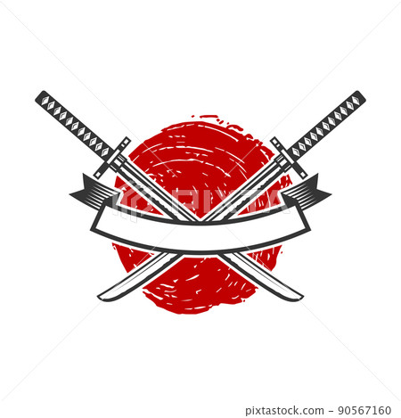 Emblem with crossed katana swords. Design element for logo, label, sign, poster, t shirt. Vector illustration Emblem with crossed katana swords. Design element for logo, label, sign, poster, t shirt. Vector illustration 90567160