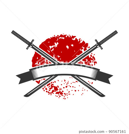 Emblem with crossed katana swords. Design element for logo, label, sign, poster, t shirt. Vector illustration Emblem with crossed katana swords. Design element for logo, label, sign, poster, t shirt. Vector illustration 90567161