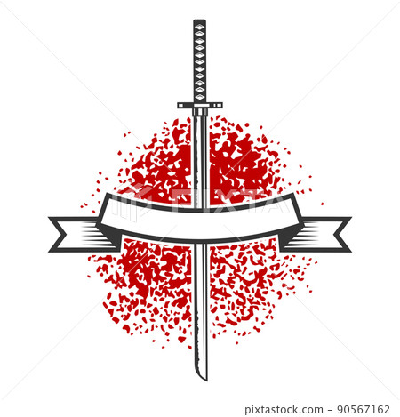 Emblem with katana swords. Design element for logo, label, sign, poster, t shirt. Vector illustration Emblem with katana swords. Design element for logo, label, sign, poster, t shirt. Vector illustration 90567162