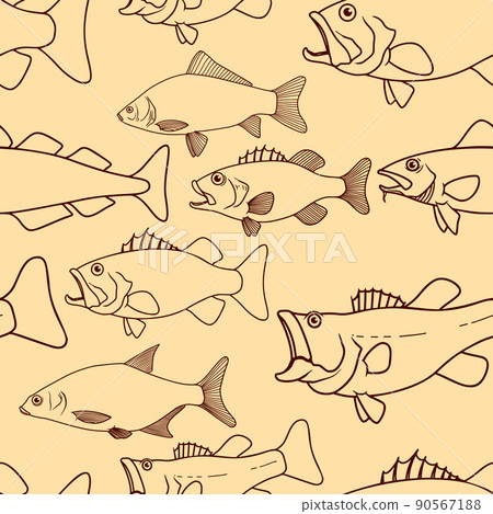 Seamless pattern with fish. Cod fish, bass fish. Design element for poster, card, banner, flyer. Vector illustration 90567188