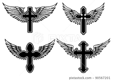 Set of illustrations of winged christian religious crosses. Design element for infographic, emblem, sign, poster, car, banner. Vector illustration 90567201