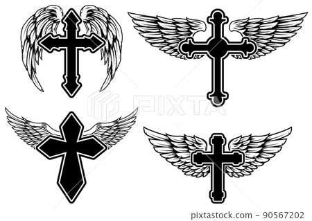 Set of illustrations of winged christian religious crosses. Design element for infographic, emblem, sign, poster, car, banner. Vector illustration 90567202