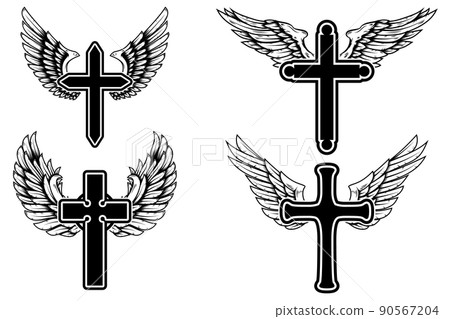 Set of illustrations of winged christian religious crosses. Design element for infographic, emblem, sign, poster, car, banner. Vector illustration 90567204