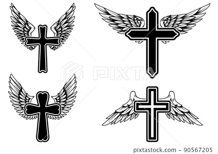 Set of illustrations of winged christian religious crosses. Design element for infographic, emblem, sign, poster, car, banner. Vector illustration Set of illustrations of winged christian religious crosses. Design element for infographic, emblem, sign, poster, car, banner. Vector illustration 90567205