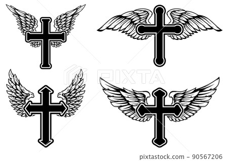 Set of illustrations of winged christian religious crosses. Design element for infographic, emblem, sign, poster, car, banner. Vector illustration Set of illustrations of winged christian religious crosses. Design element for infographic, emblem, sign, poster, car, banner. Vector illustration 90567206