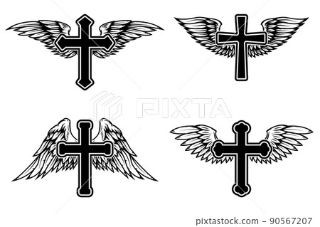 Set of illustrations of winged christian religious crosses. Design element for infographic, emblem, sign, poster, car, banner. Vector illustration Set of illustrations of winged christian religious crosses. Design element for infographic, emblem, sign, poster, car, banner. Vector illustration 90567207