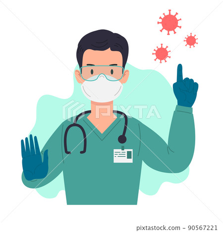 Illustration of doctor with antivirus protection, medical masks and protective glasses. Design element for poster, label, sign, emblem, infographic. Vector illustration Illustration of doctor with antivirus protection, medical masks and protective glasses. Design element for poster, label, sign, emblem, infographic. Vector illustration 90567221