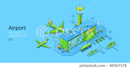 Poster with isometric airport terminal and planes - Stock Illustration ...