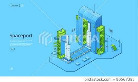 Spaceport isometric set with rocket on cosmodrome 90567385