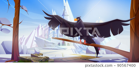 Black raven on background of castle in winter 90567400