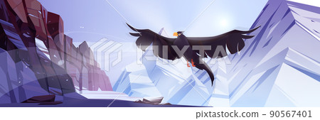 Snow mountains with flying raven 90567401