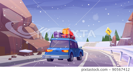 Winter landscape with road and car with luggage 90567412