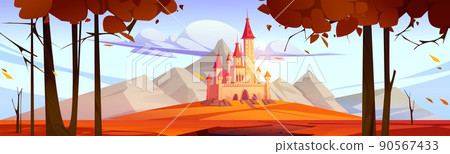 Fairy tale castle in mountain valley in autumn 90567433