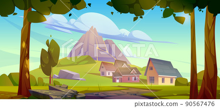 Summer landscape with mountain, village houses Summer landscape with mountain, village houses 90567476