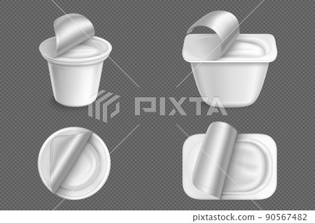 Open plastic containers with white yogurt Open plastic containers with white yogurt 90567482