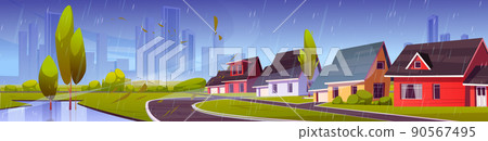 Suburb district with houses in rain 90567495