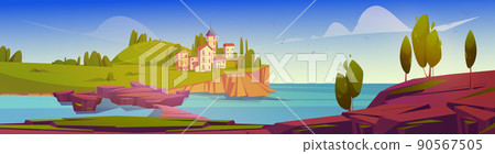 Landscape with sea, city on island, wooden bridge - Stock Illustration ...