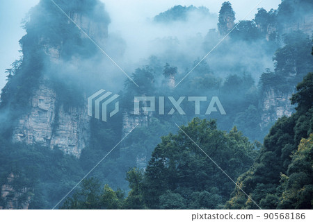Amazing landscape of mountain and forest in the foggy at Wulingyuan, Hunan, China. Wulingyuan Scenic and Historic Interest Area which was designated a UNESCO World Heritage Site in China 90568186