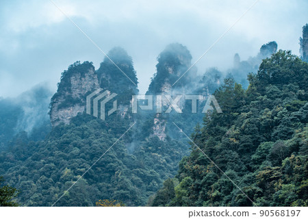Amazing landscape of mountain and forest in the foggy at Wulingyuan, Hunan, China. Wulingyuan Scenic and Historic Interest Area which was designated a UNESCO World Heritage Site in China 90568197
