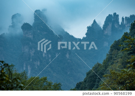 Amazing landscape of mountain and forest in the foggy at Wulingyuan, Hunan, China. Wulingyuan Scenic and Historic Interest Area which was designated a UNESCO World Heritage Site in China Amazing landscape of mountain and forest in the foggy at Wulingyuan, Hunan, China. Wulingyuan Scenic and Historic Interest Area which was designated a UNESCO World Heritage Site in China 90568199