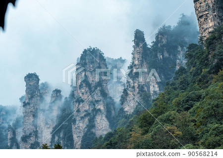 Amazing landscape of mountain and forest in the foggy at Wulingyuan, Hunan, China. Wulingyuan Scenic and Historic Interest Area which was designated a UNESCO World Heritage Site in China 90568214