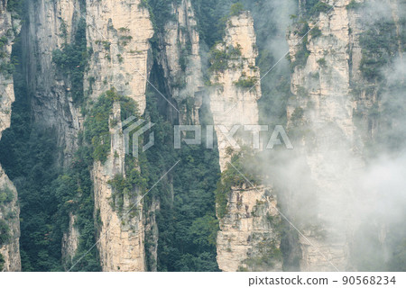 Amazing landscape of mountain and forest in the foggy at Wulingyuan, Hunan, China. Wulingyuan Scenic and Historic Interest Area which was designated a UNESCO World Heritage Site in China Amazing landscape of mountain and forest in the foggy at Wulingyuan, Hunan, China. Wulingyuan Scenic and Historic Interest Area which was designated a UNESCO World Heritage Site in China 90568234