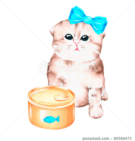 A kitten with canned fish. Watercolor illustration. Isolated on a white background. For design. A kitten with canned fish. Watercolor illustration. Isolated on a white background. For design. 90568471