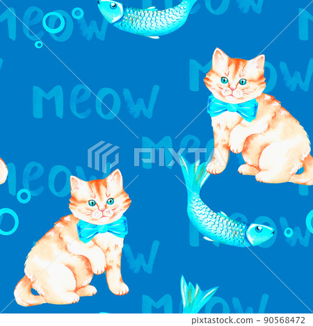 A red cat with a fish. Seamless pattern. Watercolor illustration. Isolated on a blue background. A red cat with a fish. Seamless pattern. Watercolor illustration. Isolated on a blue background. 90568472