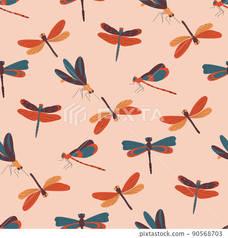 Beautiful dragonflies with colorful wings seamless pattern. Flat vector illustration Beautiful dragonflies with colorful wings seamless pattern. Flat vector illustration 90568703
