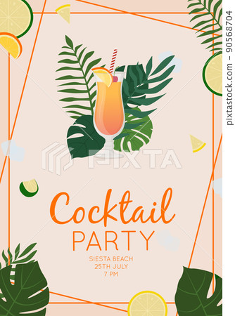 Summer alcoholic drink, tropical cocktail. Tequila sunrise.. Beach party concept. Beautiful greeting card, invitation for summer party. Flat vector illustration. Summer alcoholic drink, tropical cocktail. Tequila sunrise.. Beach party concept. Beautiful greeting card, invitation for summer party. Flat vector illustration. 90568704