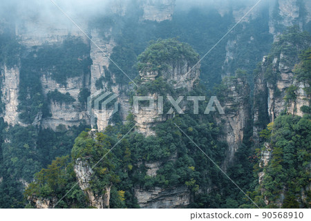 Amazing landscape of mountain and forest in the foggy at Wulingyuan, Hunan, China. Wulingyuan Scenic and Historic Interest Area which was designated a UNESCO World Heritage Site in China Amazing landscape of mountain and forest in the foggy at Wulingyuan, Hunan, China. Wulingyuan Scenic and Historic Interest Area which was designated a UNESCO World Heritage Site in China 90568910
