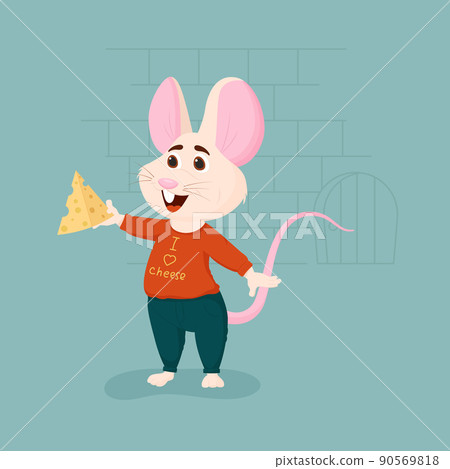 Cartoon smiling mouse character with cheese. Flat vector illustration Cartoon smiling mouse character with cheese. Flat vector illustration 90569818