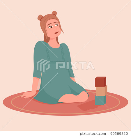 Girl sitting on floor and playing with toys. Flat vector Illustration Girl sitting on floor and playing with toys. Flat vector Illustration 90569820