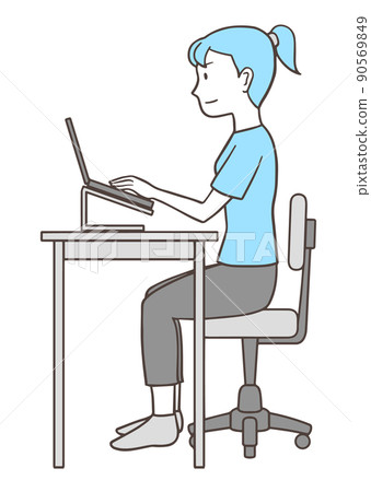 Women doing desk work in the right posture, laptop operation, sideways, simple colors Women doing desk work in the right posture, laptop operation, sideways, simple colors 90569849
