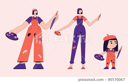 Artist with brushes and palette. Woman paints... - Stock Illustration ...
