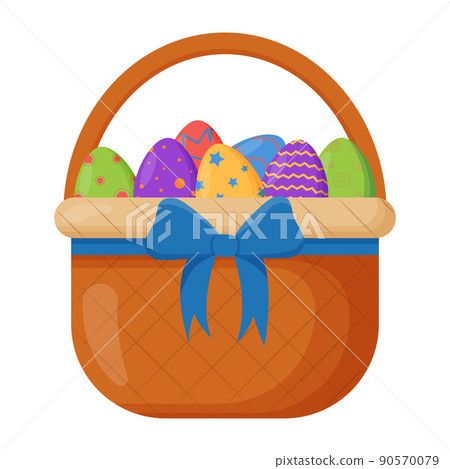 Wicker basket. Wicker basket with Easter eggs for Easter. Wooden accessory for storage or carrying Wicker basket. Wicker basket with Easter eggs for Easter. Wooden accessory for storage or carrying 90570079
