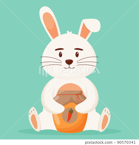 Cute rabbit with a jar of carrot jam. Flat vector illustration 90570341