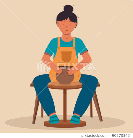 Woman making ceramics on a pottery wheel. Pottery workshop, pottery hobby. Ceramic craft master. Ceramic kitchenware. Cute handmade ceramic plates, mugs, sugar bowl, teapots, dishes. Flat vector 90570343