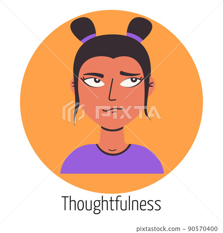 Female character with a thoughtful face. Facial expression. Young woman feeling. Beautiful woman portrait. Woman avatar, emoji 90570400