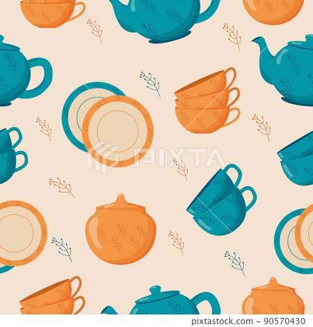 Ceramic kitchenware seamless pattern. Cute handmade ceramic plates, mugs, sugar bowl, teapots, dishes. Kitchen tools, pottery 90570430