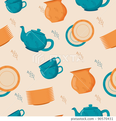 Ceramic kitchenware seamless pattern. Cute handmade ceramic plates, mugs, sugar bowl, teapots, dishes. Kitchen tools, pottery 90570431