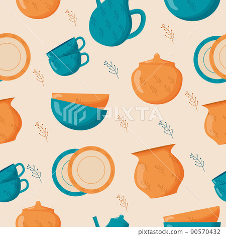 Ceramic kitchenware seamless pattern. Cute - Stock Illustration  [90570432] - PIXTA