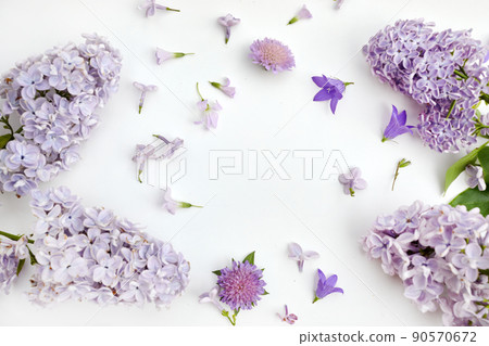 Lilac flower pattern background top view, flat lay. 90570672